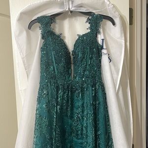 Coya Collection Off-The-Shoulder Deep V-Neck Applique Lace-Up Back Ball Gown